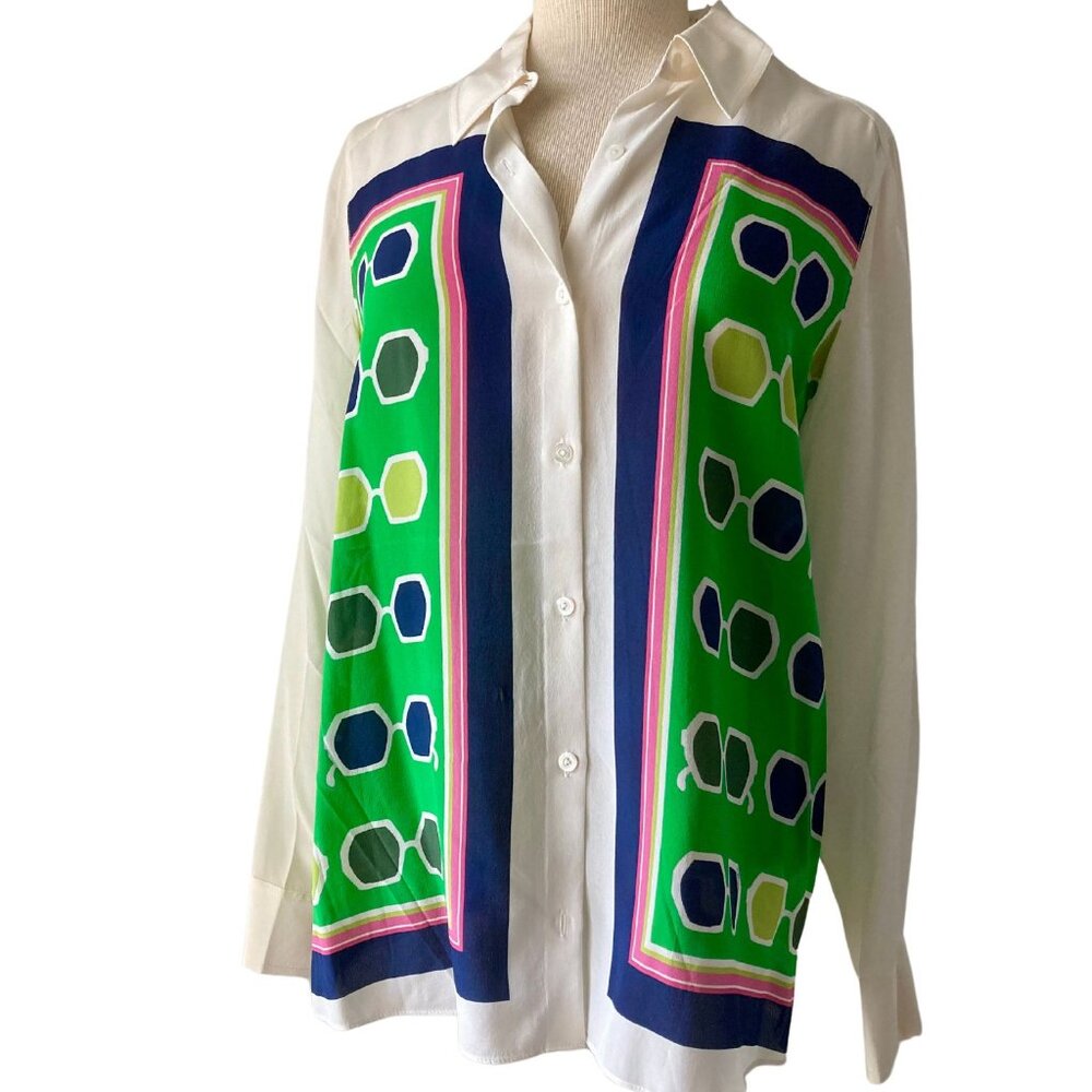 NWOT Trina Turk Redondo Long Sleeve SILK Blouse, Medium, Geometric, Button-Up - Picture 2 of 15